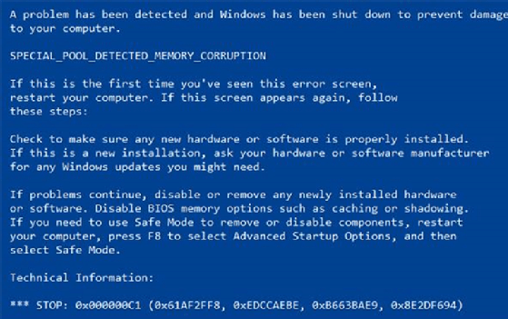 Screenshot of the former blue screen of death format.