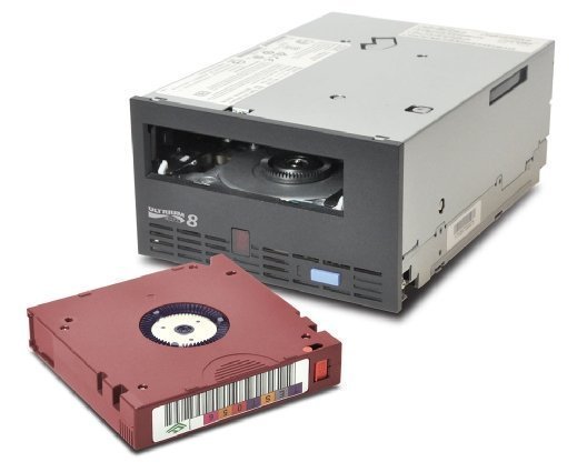 Photo of an LTO-8 tape drive and LTO-8 media.