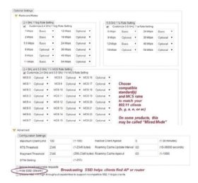 Screenshot showing MCS rates under Optional Settings > Radio and Rates