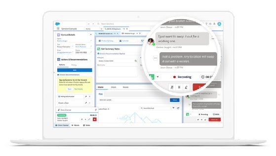 Screen capture showing AI and voice recognition at work in Salesforce Service Cloud for customer support.