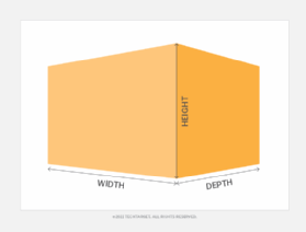 Image of a 3D object, showing height, width and depth.