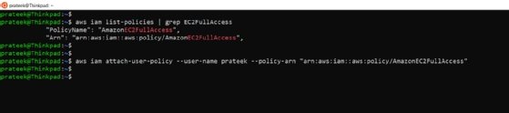 An AWS CLI screenshot showing policy-based permissions for a user. 