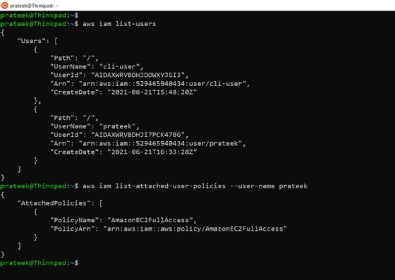 A list of AWS IAM users and user details in AWS CLI.