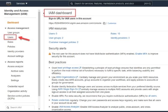 AWS IAM console dashboard showing the drop-down menu and Users selected.