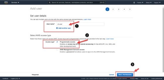 The Add user screen of the AWS IAM console, showing username and access type fields. 