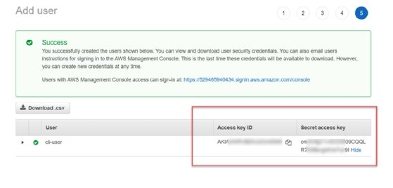 Details of AWS IAM user cli-user, including the access key ID and secret access key.