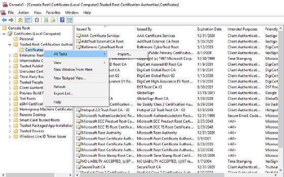 Importing root certificate