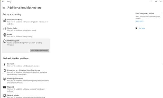 The additional troubleshooters available within the Windows Update Troubleshooter page