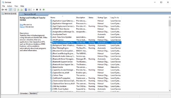 The Windows Services page displaying the Background Intelligent Transfer Service