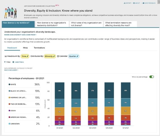 Tangkapan layar dashboard yang menunjukkan kinerja perusahaan dalam hal keberagaman, kesetaraan, dan inklusi.