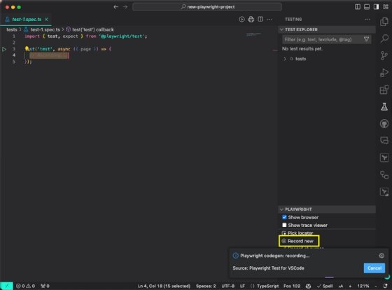 Screenshot of the user recording a new test in Playwright