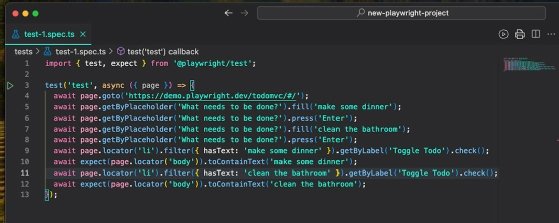 Screenshot of generated test code from Playwright's codegen feature