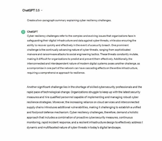 Screenshot of ChatGPT's content generation response to explain cyber-resiliency challenges.