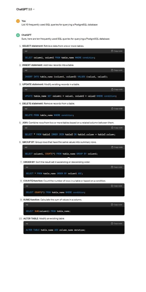 Screenshot of ChatGPT's response for developer assistance on frequently used SQL queries for querying a PostgreSQL database.