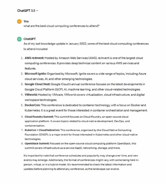 Screenshot of ChatGPT's planning response for the best cloud computing conferences to attend.