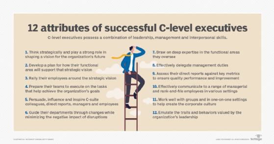 Chart listing 12 attributes of successful C-level executives.