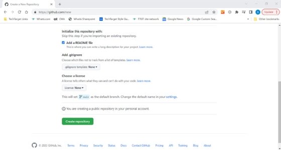 Screenshot of the GitHub create repository page.