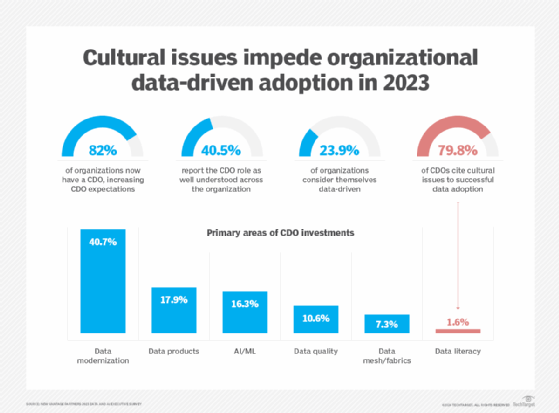 Chief data officers identified the top issues that impede data culture development and primary areas of data investment ranked by importance