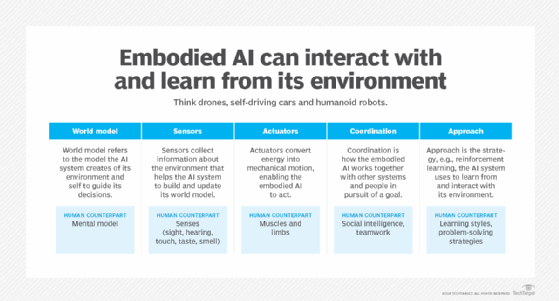 Graphic listing the components of embodied AI systems and their human counterparts.