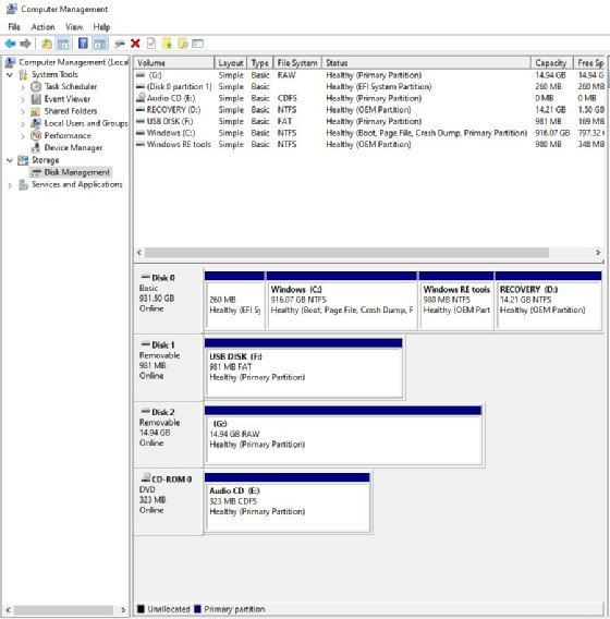 Screenshot of the Windows 10 Disk Management tool.