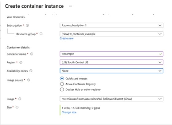 Screenshot of Microsoft Azure Container Instances form