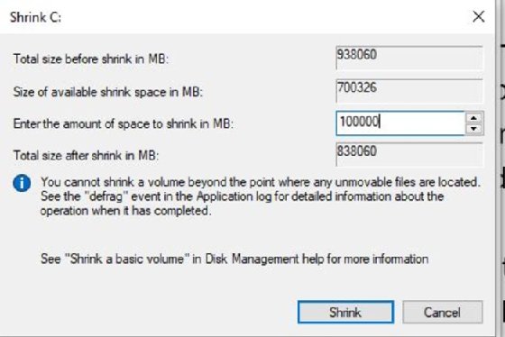 Screenshot of the Shrink C: command window.
