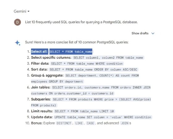 Screenshot of Gemini's response for developer assistance on frequently used SQL queries for querying a PostgreSQL database.