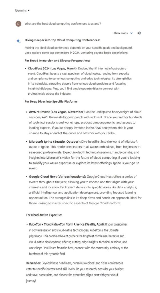 Screenshot of Gemini's planning response for the best cloud computing conferences to attend.