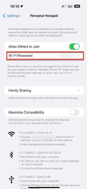 Screenshot showing how to access mobile hotspot settings in iOS.