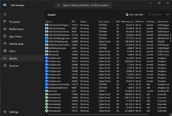 A screenshot of the Task Manager showing the different CPU architecture and usage of the various apps and services.