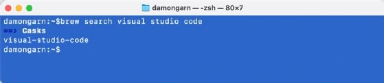 A screenshot of Homebrew showing the proper name for Microsoft Visual Studio Code within the Homebrew service.