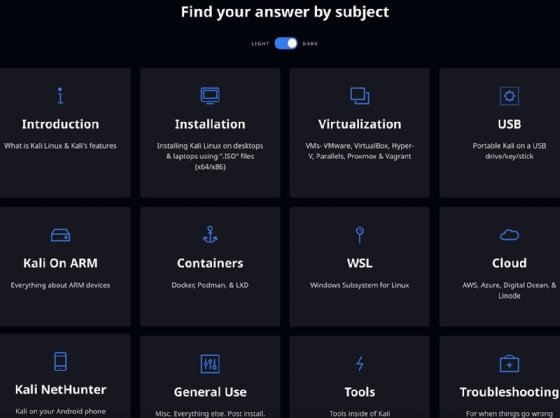 Screenshot of Kali Linux's online documentation help index