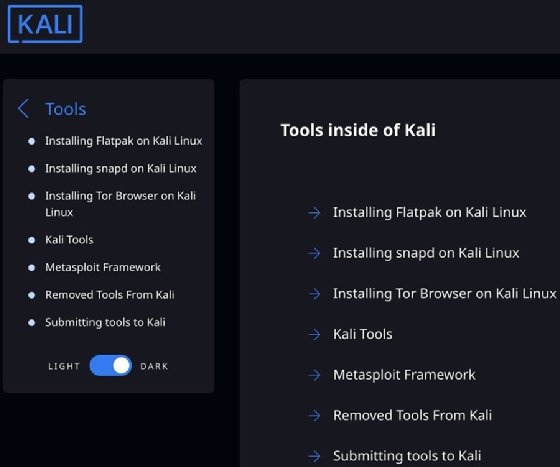 Screenshot of Kali Linux's tools documentation online