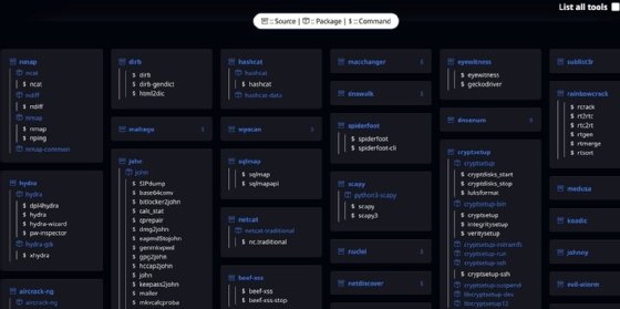 Screenshot of Kali Linux's comprehensive tools page