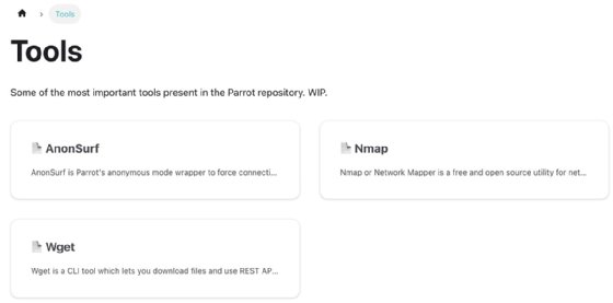 Screenshot of the ParrotOS tools information