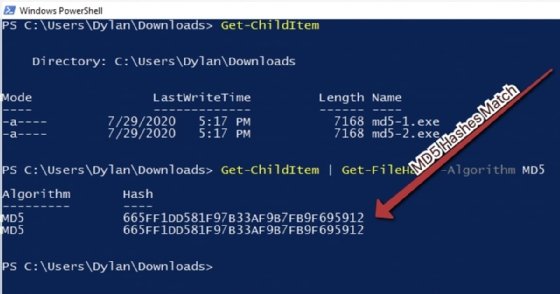 Screenshot of Get-FileHash results for MD5 sums