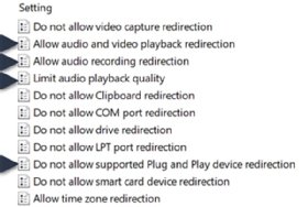 The different settings available under Device and Resource Redirection