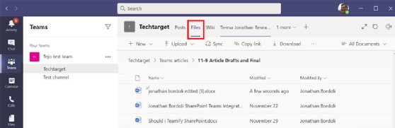Example of documents stored within the Files tab of a team