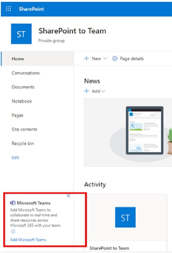 How to add a team to SharePoint sites, step 1