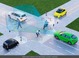 An image of multiple self-driving cars at an intersection.