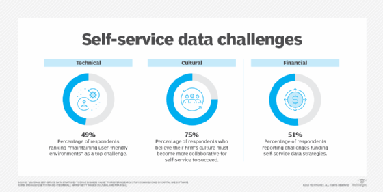 A graph of three self-service data challenges in three categories: technical, cultural, and financial.