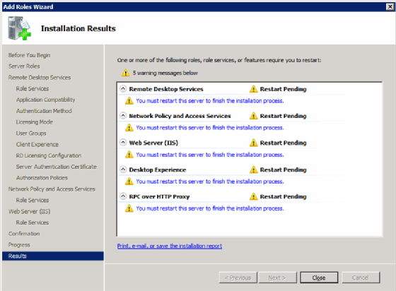 Required restarts for RDS installation