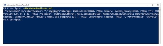 The Hardware Readiness PowerShell script output displays as basic text. 