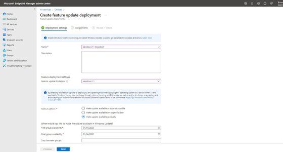 The timeline settings for a Windows 11 migration as a feature update.