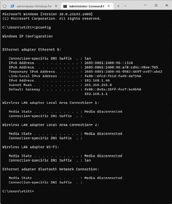 Screenshot of output from the Windows 11 ipconfig command.