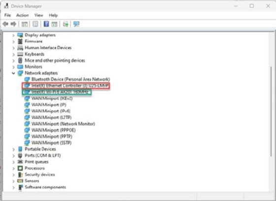 Screenshot of the Windows 11 device manager, with Wi-Fi circled in green and Ethernet circled in red.