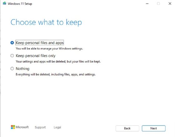 The option to choose what aspects of the Windows 11 system to keep after the ISO install.