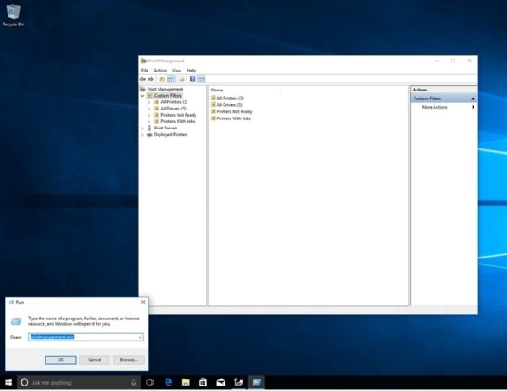 A screenshot of the command to run the Print Management Console in Windows 10.