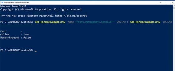 A screenshot of Windows PowerShell showing the command to install the Print Management Console.