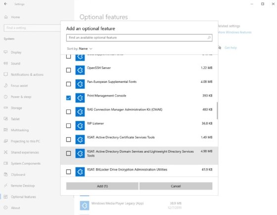 A screenshot of a Windows 10 desktop with the box to add the Print Management Console checked.